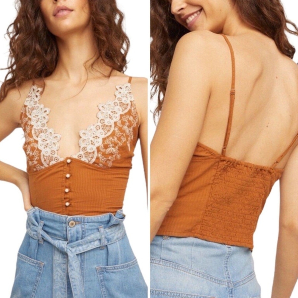 Free People Lace Button Up Smocked Stevie Top Terracotta Copper L
